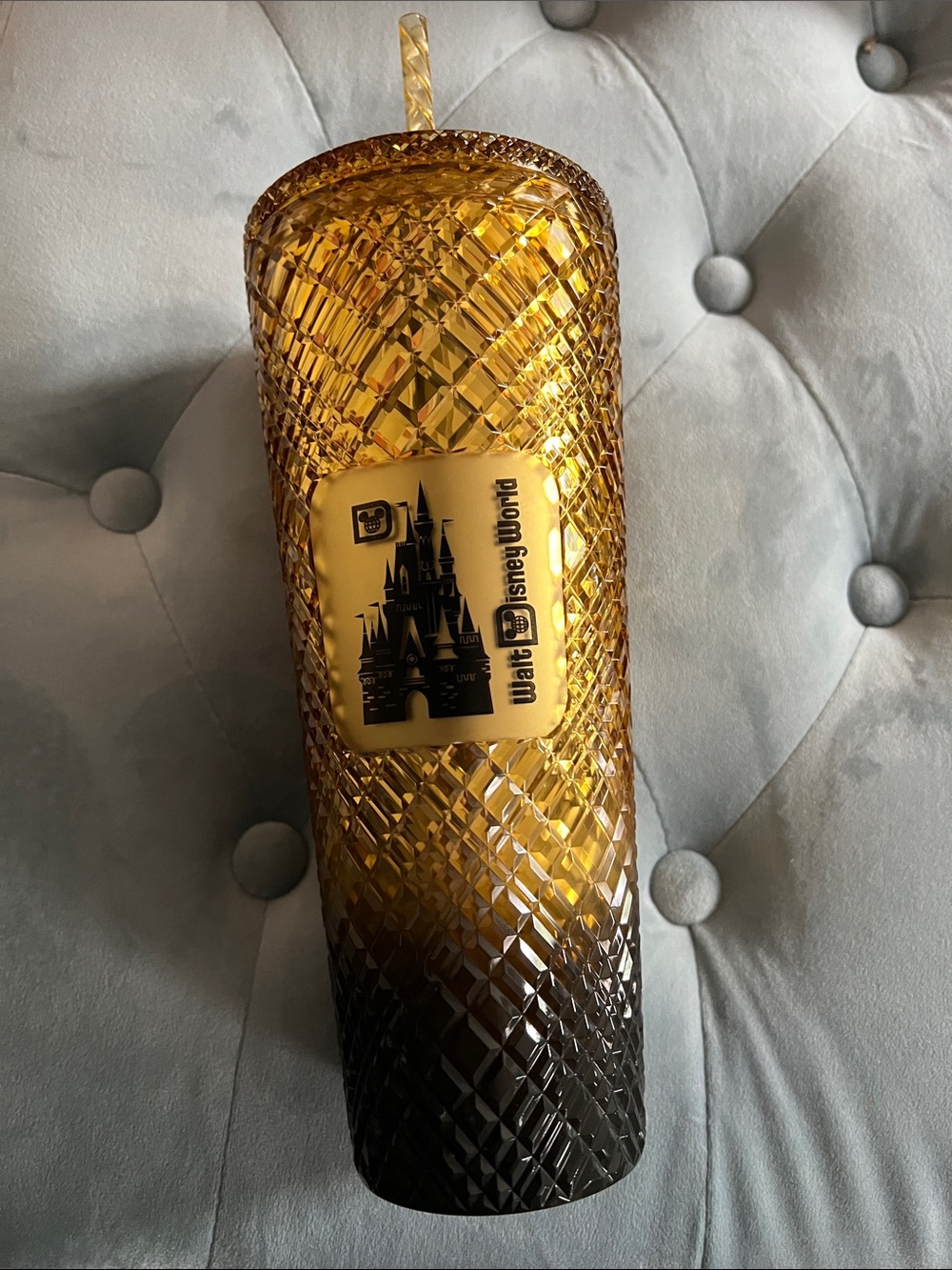 Disney Starbucks Amber and Black Diamond-Patterned Tumbler with Castle Logo
